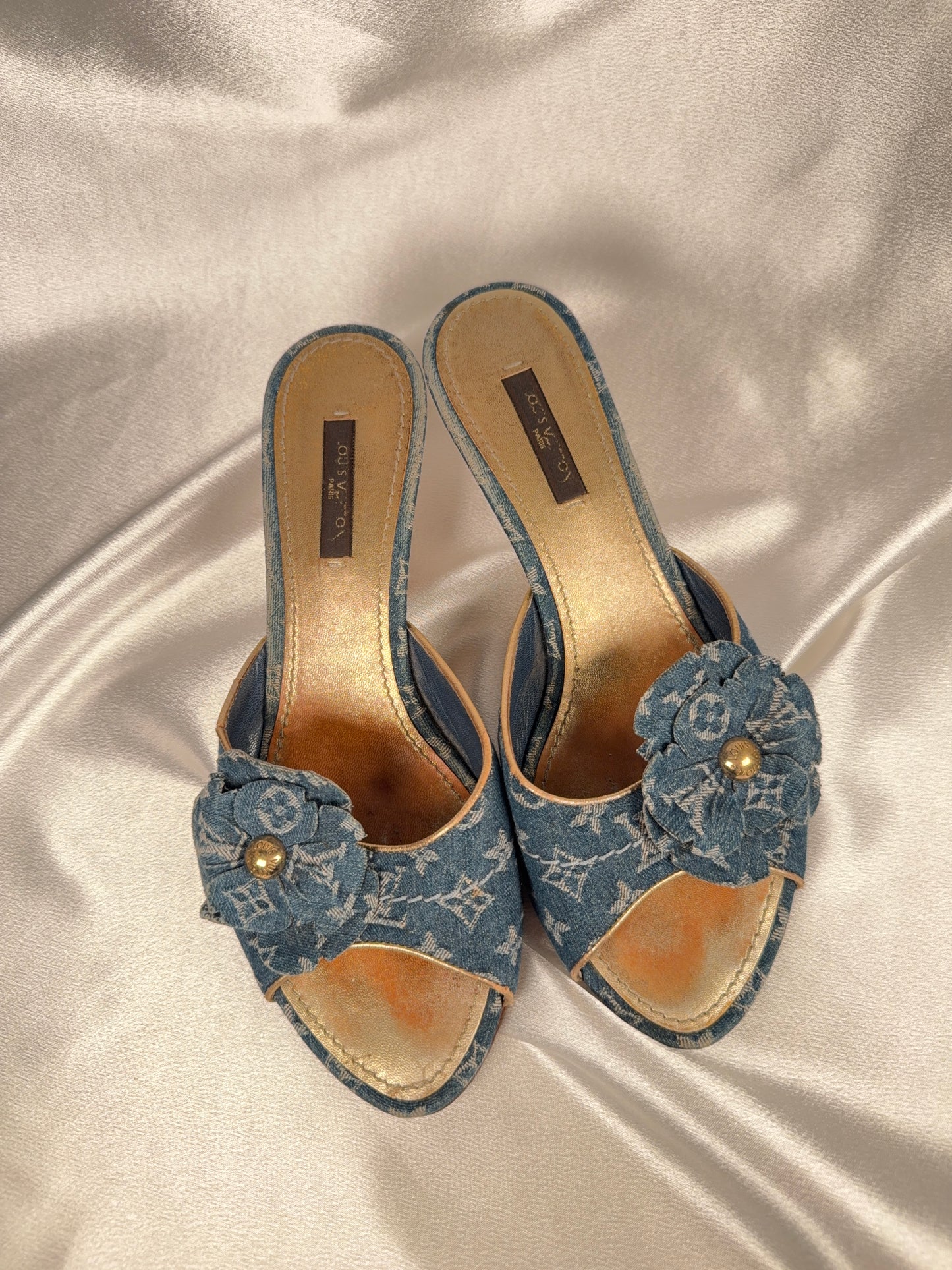 Louis Vuitton denim kitten heels