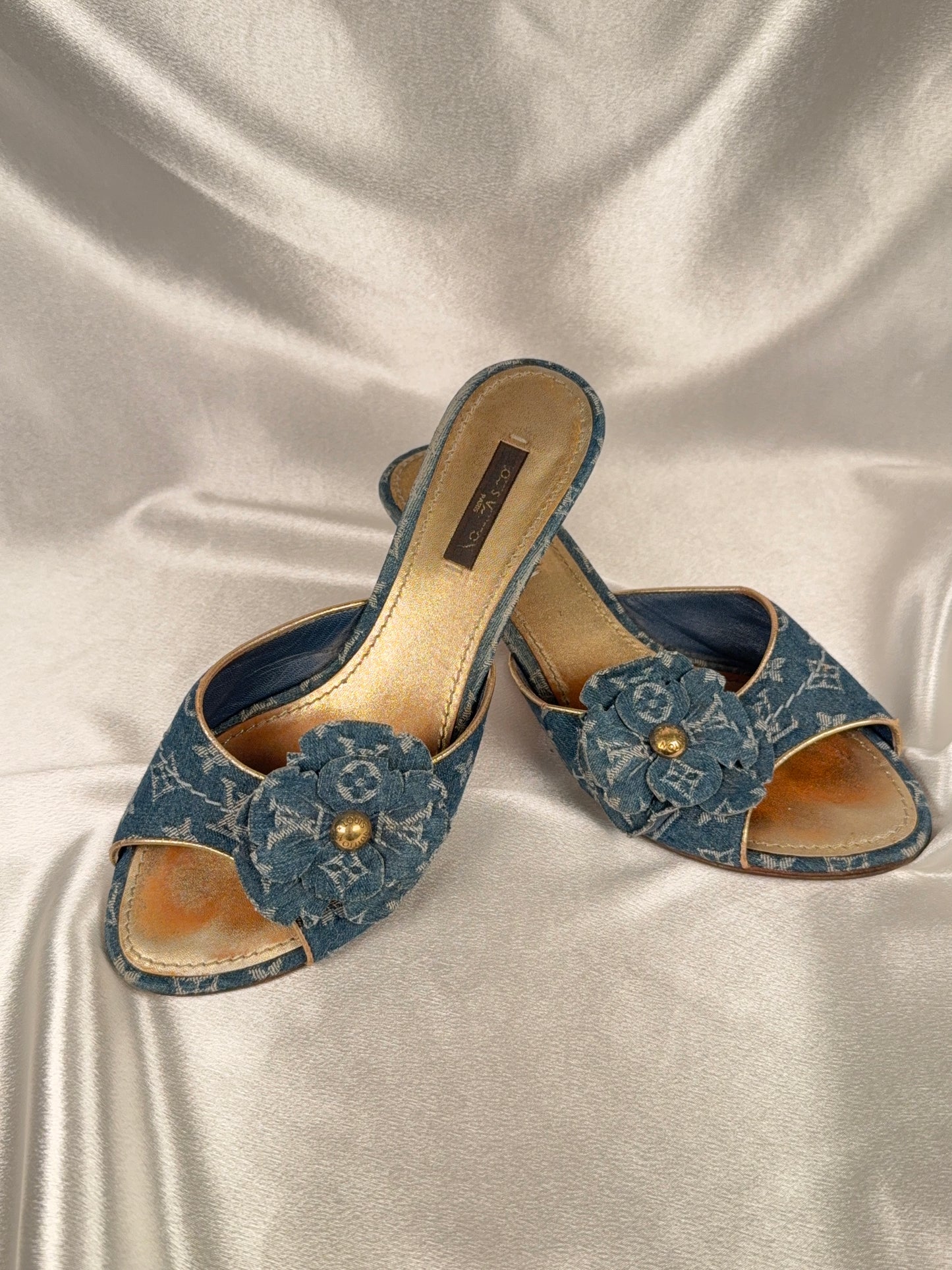 Louis Vuitton denim kitten heels