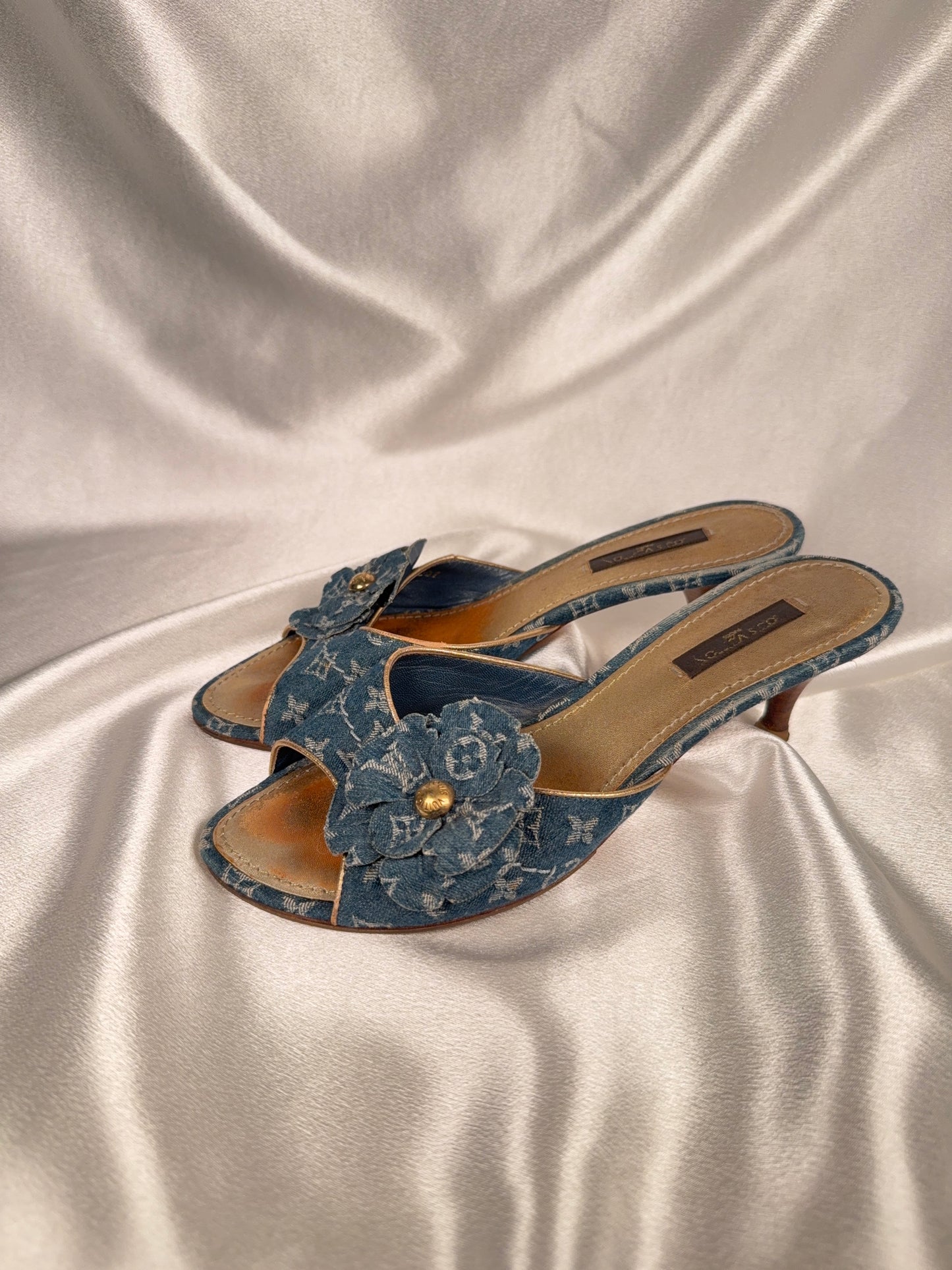 Louis Vuitton denim kitten heels
