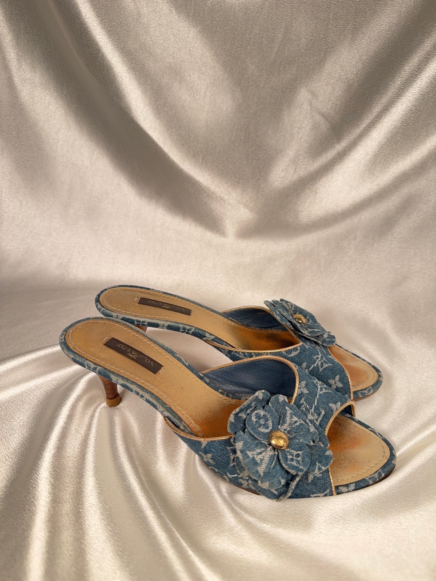 Louis Vuitton denim kitten heels